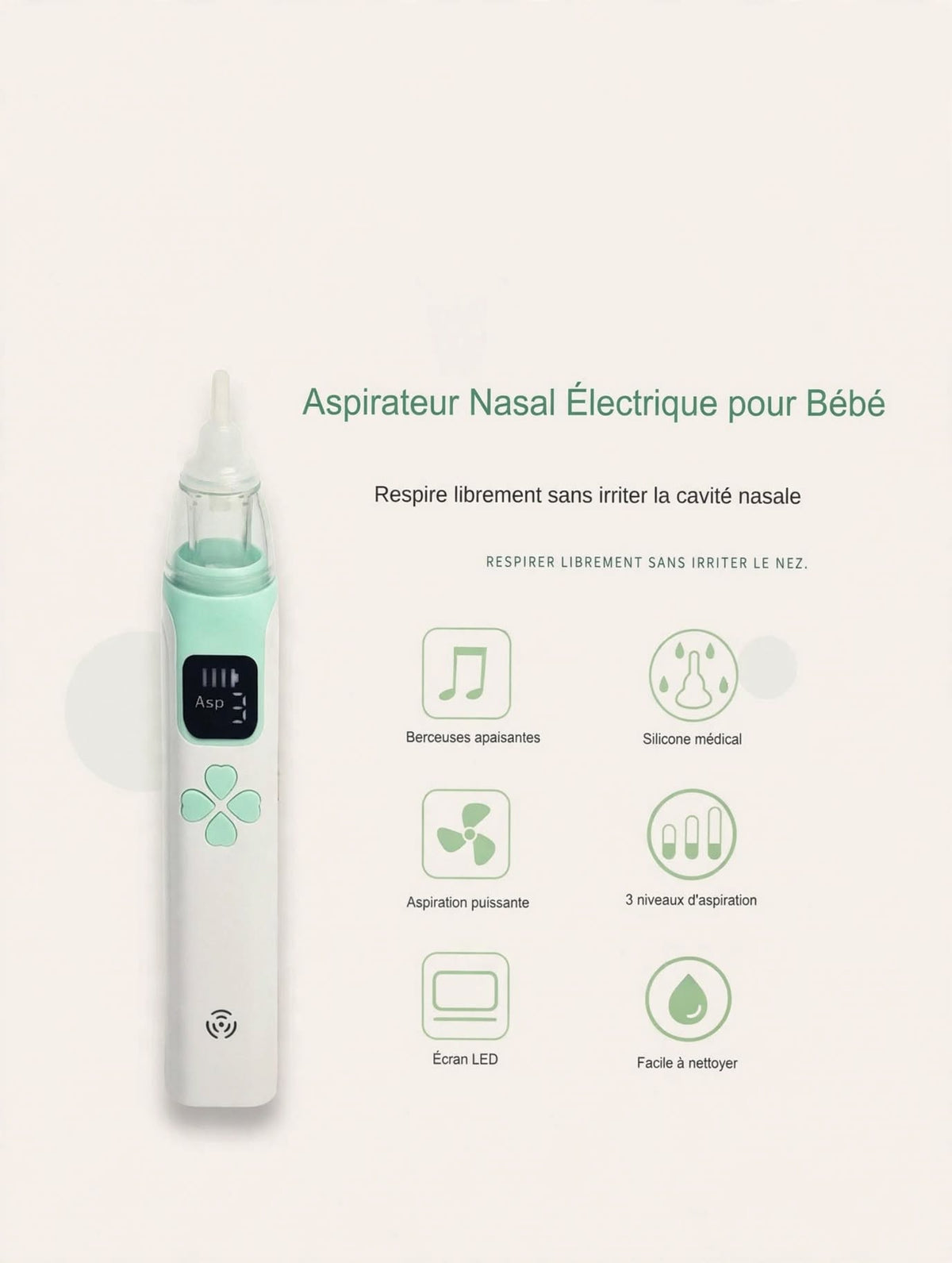 Aspirateur Nasal Électrique Doux - 3 Embouts Silicone